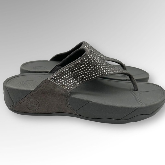 Fitflop Womens Flare Thong Sandals gray Suede Rhinestone Low Wedge - Picture 2 of 11